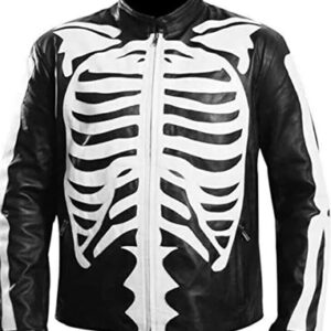 halloween special skeleton bones black leather jacket