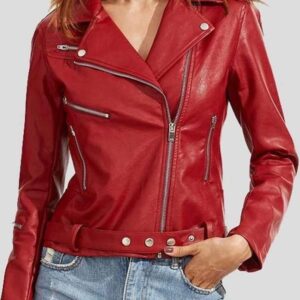 Women?s Fashion Red Biker Leather Jacket