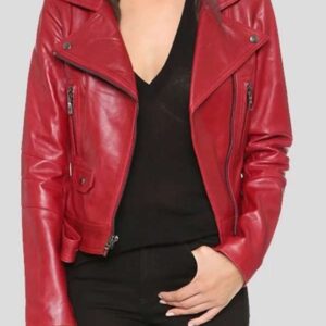 Red Biker Real Leather Jacket For Women