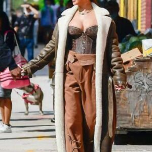 Rihanna Brown Shearling Trench Coat