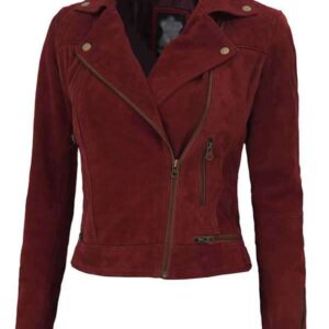 Women?s Red Classic Biker Suede Leather Jacket