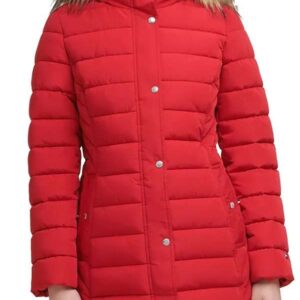 Women Red Puffer Hooded Jacket